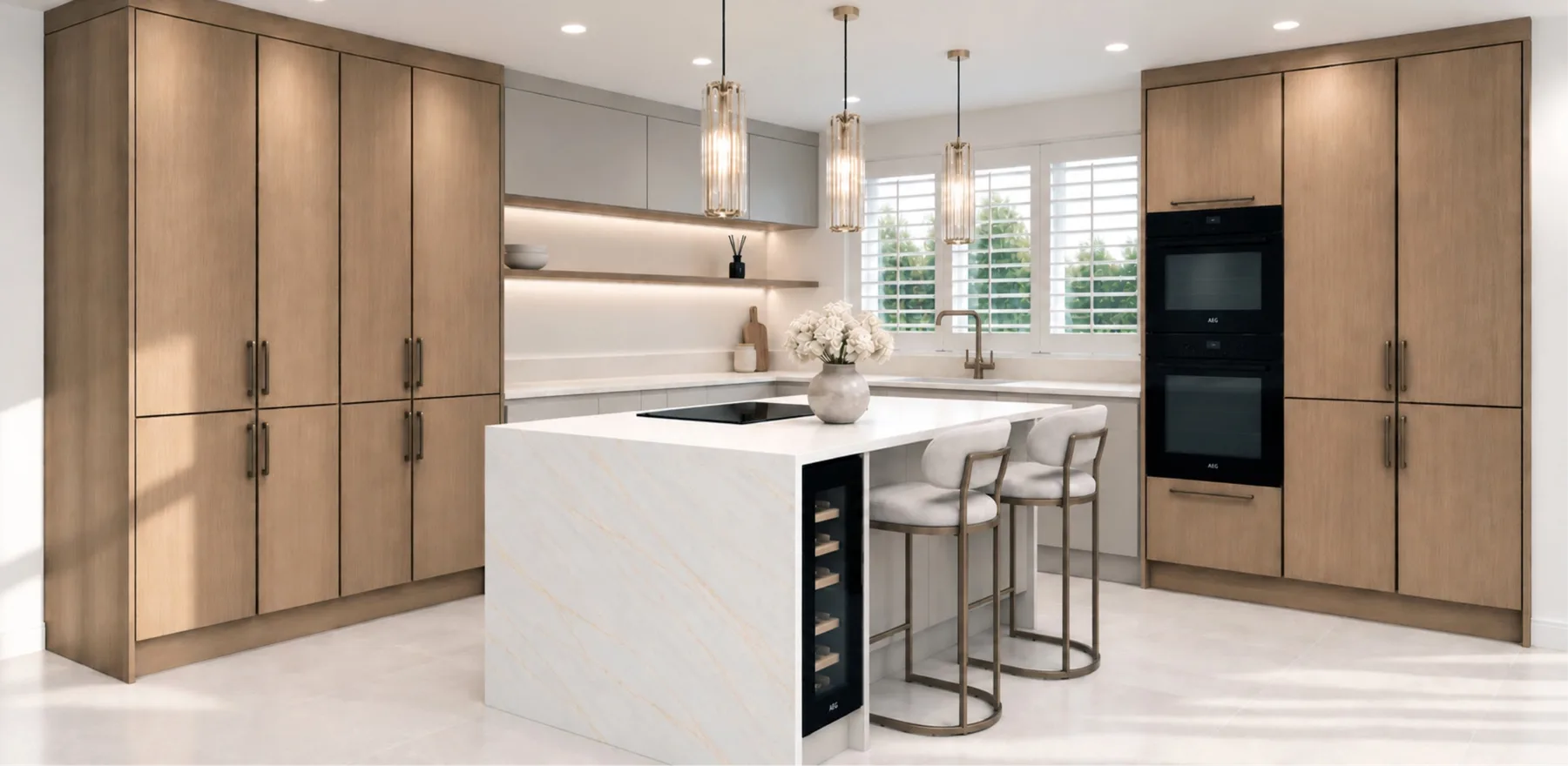 Oak kitchen with white island
