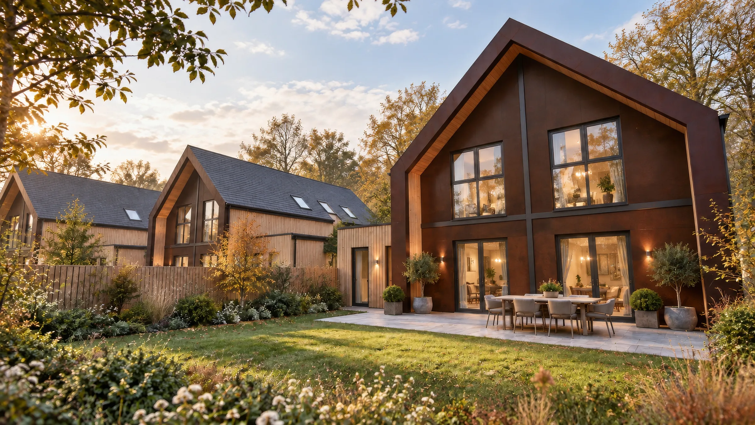 Contemporary timber barn house at sunset